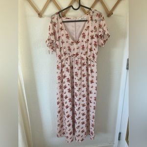Madewell Pink Ruffle-Waist Short Tie-Sleeve Floral Midi Dress, great condition